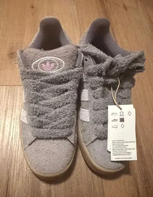 adidas Women's Grey Terry Cloth Low-Top Sneakers with Pink Trefoil thumbnail 1