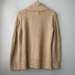 Y2K Cable Knit Cardigan Size Large Tan Button Sweater Pockets Chunky Academia thumbnail 4