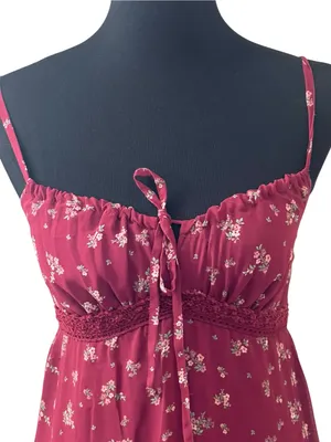 Feminine Cottage Burgundy Ditzy Floral No Boundaries Midi Dress with Tie Front thumbnail 2
