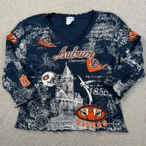 Auburn Tigers Y2k Graphic Blouse Women Large Embellished Ruffle V-Neck 3/4 Sleev thumbnail 1