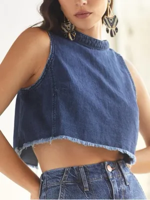 Pilcro Dark Blue Denim Cropped Shell Top thumbnail 1