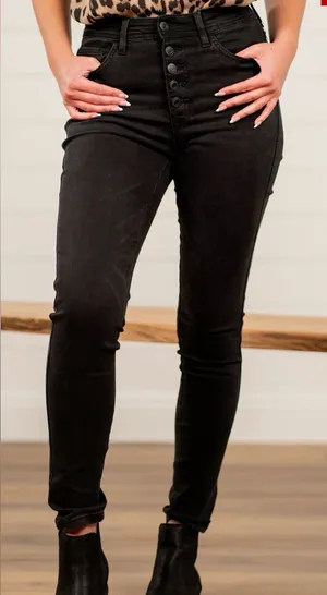 High-Rise Black Skinny Jeans with Button-Up Flyw thumbnail 1