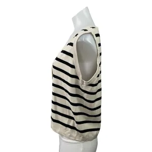 Illusory Women's Cream Black Striped Sleeveless Button Up Crop Cardigan Size L thumbnail 2