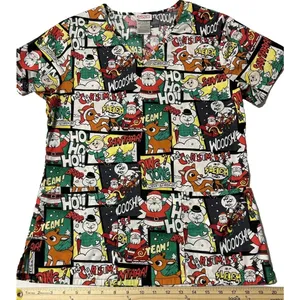 Rudolph Red Nosed Reindeer Christmas Scrub Top Comic Strip Holiday Womens XS thumbnail 2