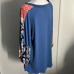 New Boho Balloon Sleeve Color Block Patchwork Jersey Knit Top Long Sleeve Blouse thumbnail 6