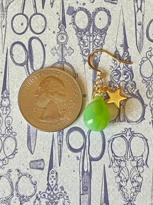 Handmade opaque green Czech glass teardrop & gold stainless star cute dangle earrings 💚🌟 thumbnail 6