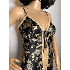 Victoria’s Secret Black Gold Floral Satin Open-Front lace trimTop Slip dress Sp thumbnail 14