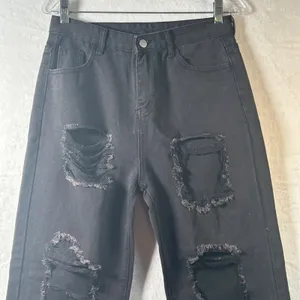 Black Distressed‎ Ripped Jeans Women's Size S Wide Leg Baggy Denim Pants thumbnail 3