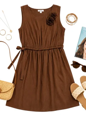 YA Los Angeles Bronze Brown Rosette Shoulder Mini Dress Medium Elastic Waist Tie thumbnail 1