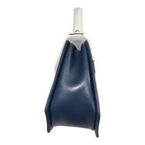 Vintage Madras Leather Crossbody Bag Top Handle Navy Blue Cream M logo thumbnail 12