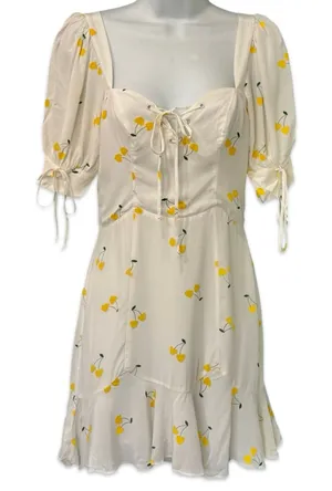 For Love & Lemons White Yellow Cherry Ashland Lace Up Mini Dress size XS NEW Tag thumbnail 1