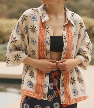 By Anthropologie Linen Blend Top MEDIUM Oversized Bohemian Button Printed Hippie thumbnail 1