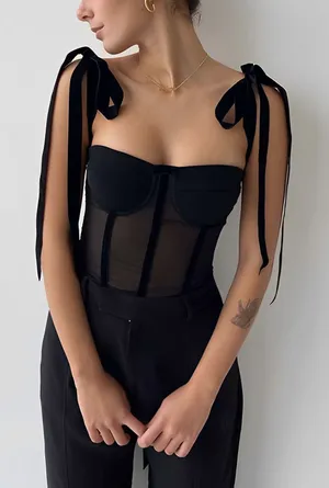 Commense Semi Sheer Y2K Dark Fairy Tied Mesh Cami Crop Top Black Small thumbnail 1