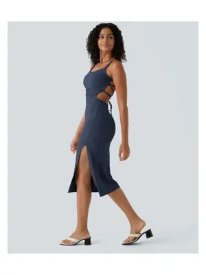Halara S Navy Midi Dress Lace Up Side Cutouts & Ruched Details Size Small Nylon thumbnail 2