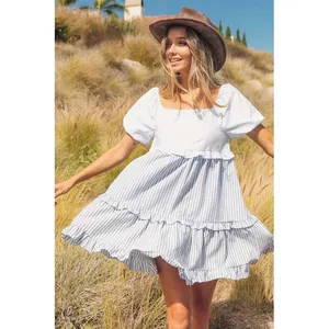 BIBI Blue White Striped Tiered Babydoll Mini‎ Dress Puff Sleeve XL NWT thumbnail 6