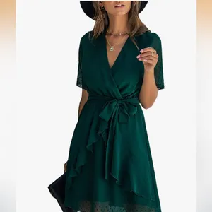 Boutique Brand Faux Wraps Neck Ruffle Swing Dress in Dark Green Size Medium thumbnail 7