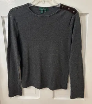 Lauren Ralph Lauren M Gray Ribbed Top Faux‎ Suede Accent Dark Academia Old Money thumbnail 1