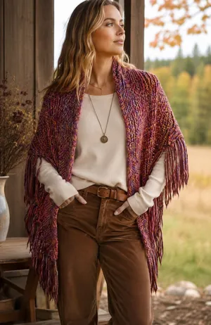 Handmade Hand Knit Triangle Fringe Shawl Wrap Multi Color Boho One Size thumbnail 1