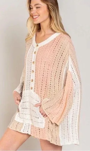 POL Blush Coral Stripe Loose Crochet Sweater - size small thumbnail 1