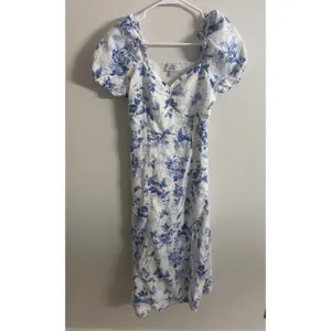 & Other Stories Blue White Floral Toile Linen Puff Sleeve Midi Dress Size 6 thumbnail 3