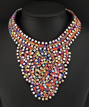Colorful Metallic Beaded Tribal Ethnic Bib Scallop Edge Statement Necklace thumbnail 1