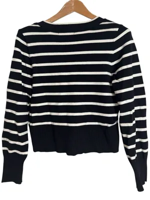 Marled Reunited Clothing Black & Cream Striped V-Neck Cropped Plush Sweater sz M thumbnail 2