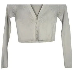 Zara Cropped V Neck Long Sleeve Fitted Ribbed Knit Button Down Sweater XS Beige thumbnail 3