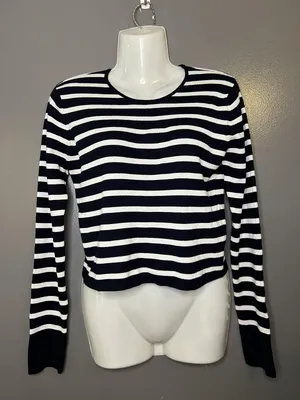 Zara Sweater Womens Large Blue White Striped Crew Neck Long Sleeve Knit Pullover thumbnail 1