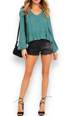 Lulu’s Island in the Sun Turquoise Blue Long Sleeve Embroidered Top Large thumbnail 3