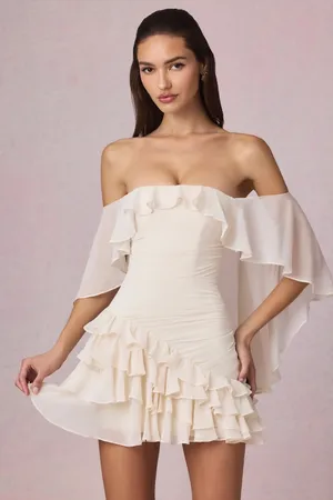 Oh Polly Off-Shoulder Ruffled Mini Dress in Ivory #bridal thumbnail 1