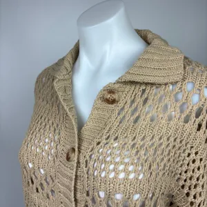 Gilli Beige Collared Button Down Crochet Knit Boho Cardigan Sweater Top Size S Brown thumbnail 5