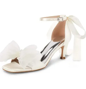 Coutgo Womens Bow Kitten Heels Sandals Square Open Toe Ankle Strap Satin Ribbon Wedding Dress Shoes. thumbnail 2