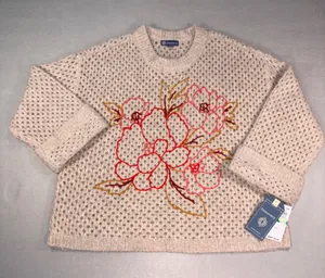 Democracy Womens Large Floral Embroidered Pointelle Knit Sweater Beige thumbnail 1