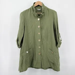 JOHN MARK Olive Green Textured‎ Button Front Shirt Tunic Top Size Small Roll Tab thumbnail 2
