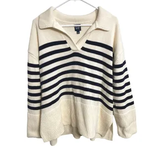 Gap 24/7 Split-Hem Polo Sweater Navy Cream Stripe Oversized Coastal Nautical L thumbnail 2