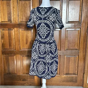 Romeo & Juliet Couture Damask Knit‎ Skater Sweater Dress Navy Blue White XS thumbnail 5