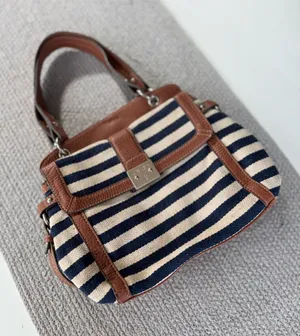 Vintage Chaps Navy Blue and Ivory Striped Shoulder Bag Purse thumbnail 1