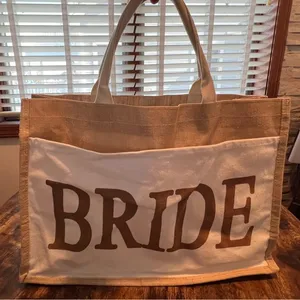 Bride | wedding, bridal, bride tote bag. Tan thumbnail 1