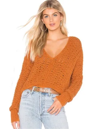 Free People Orange Open Knit Slouchy V-Neck Sweater Boho Oversized (READ) thumbnail 1