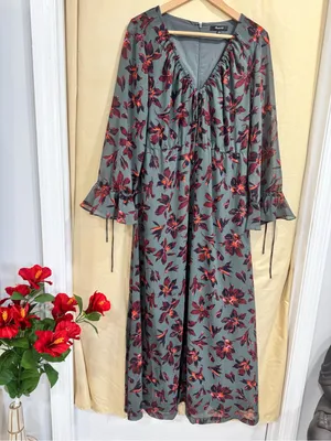 Madewell Green Floral Winter Orchid Willowleaf Tie Sleeves Maxi Dress 10 thumbnail 2