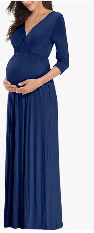 Long Sleeve Maternity Maxi Dress Blue Size XXL thumbnail 1