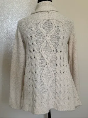 Free People Boho Cream Cable Knit Shawl Cardigan Fringe Wool Blend XS thumbnail 9