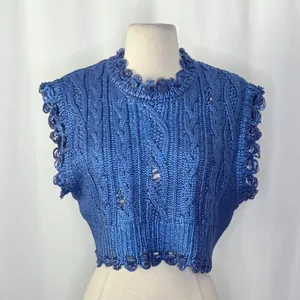 ZARA Metallic Blue Cropped‎ Sweater Cableknit Distressed Cable Knit Crop Small thumbnail 3