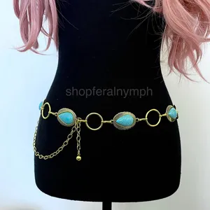 Gold Y2K Turquoise Western Boho Chain Belt, Fits 25.5-44.5 Inches, X7GA1271 thumbnail 1