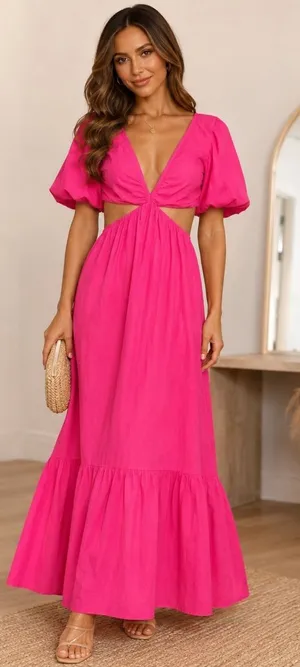 Zara Poplin Cut Out Puff Sleeve Midi Maxi Dress Fuchsia Pink Size M thumbnail 1