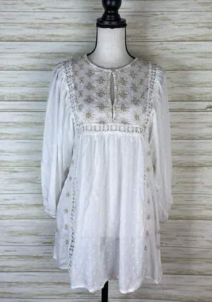 Free People White Boho Embroidered Eyelet Tunic thumbnail 1
