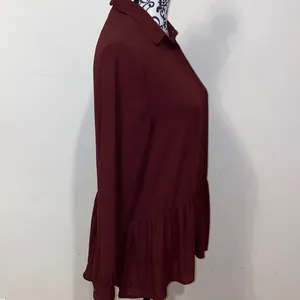 LOFT Burgundy Ruffle Peplum Hem Long-Sleeve Blouse Size Medium thumbnail 9