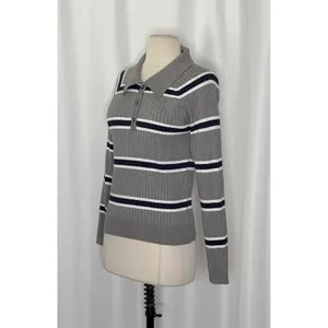 BOHME Striped Polo Henley Sweater Gray Navy Blue White Buttons Pullover Large thumbnail 5