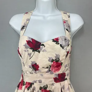 Hell Bunny Eloise‎ Mini Dress Rose Print Cream Bow Adjustable Straps Sz XS Retro thumbnail 5