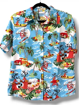 SSLR women's collection button down surfing santa tropical reindeer boats water thumbnail 1